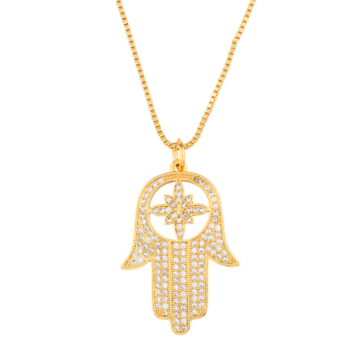 Cubic Zirconia and 18K Gold-Plated Hamsa Pendant Necklace, gold pendant necklace for women, botanical inspired, front view