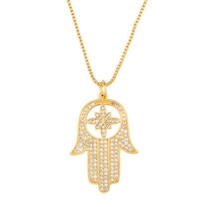 Cubic Zirconia and 18K Gold-Plated Hamsa Pendant Necklace, gold pendant necklace for women, botanical inspired, front view