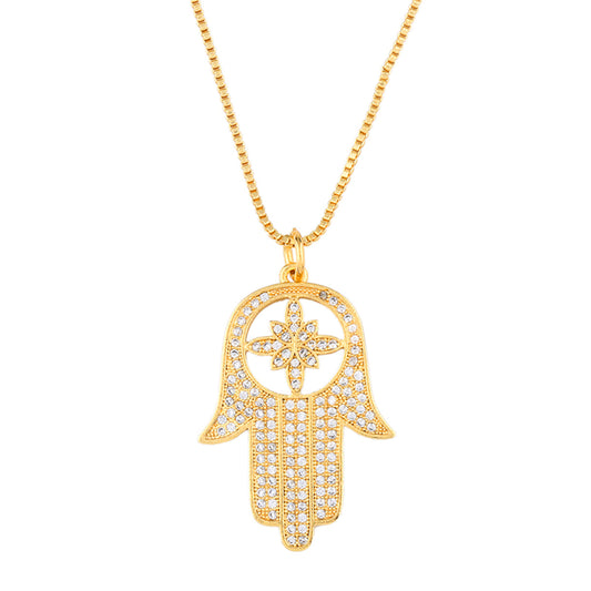 Cubic Zirconia and 18K Gold-Plated Hamsa Pendant Necklace, gold pendant necklace for women, botanical inspired, front view