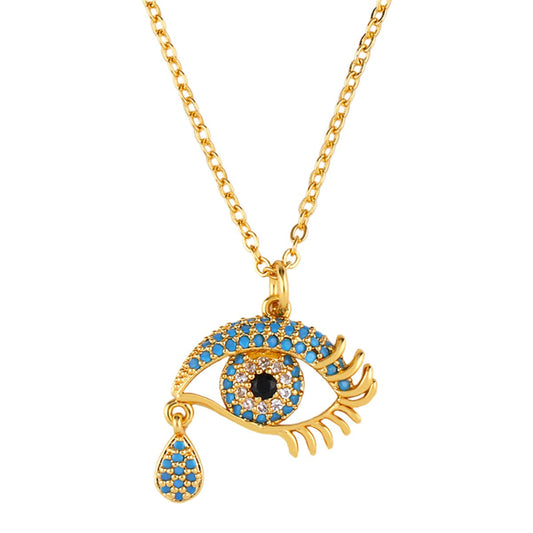 Teal Cubic Zirconia Eye and Teardrop Pendant Necklace, pendant necklace for women, botanical inspired, front view