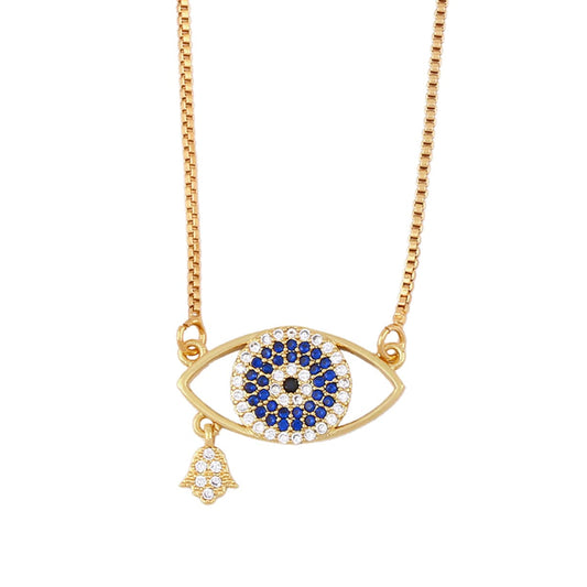 Cubic Zirconia and 18K Gold-Plated Eye and Hamsa Pendant Necklace, gold pendant necklace for women, front view
