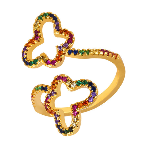 Rainbow Cubic Zirconia & Goldtone Butterfly Bypass Ring