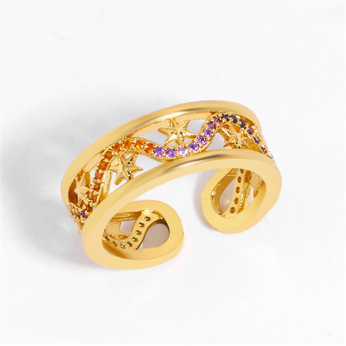 Rainbow Cubic Zirconia & 18K Gold-Plated Openwork Wave Band