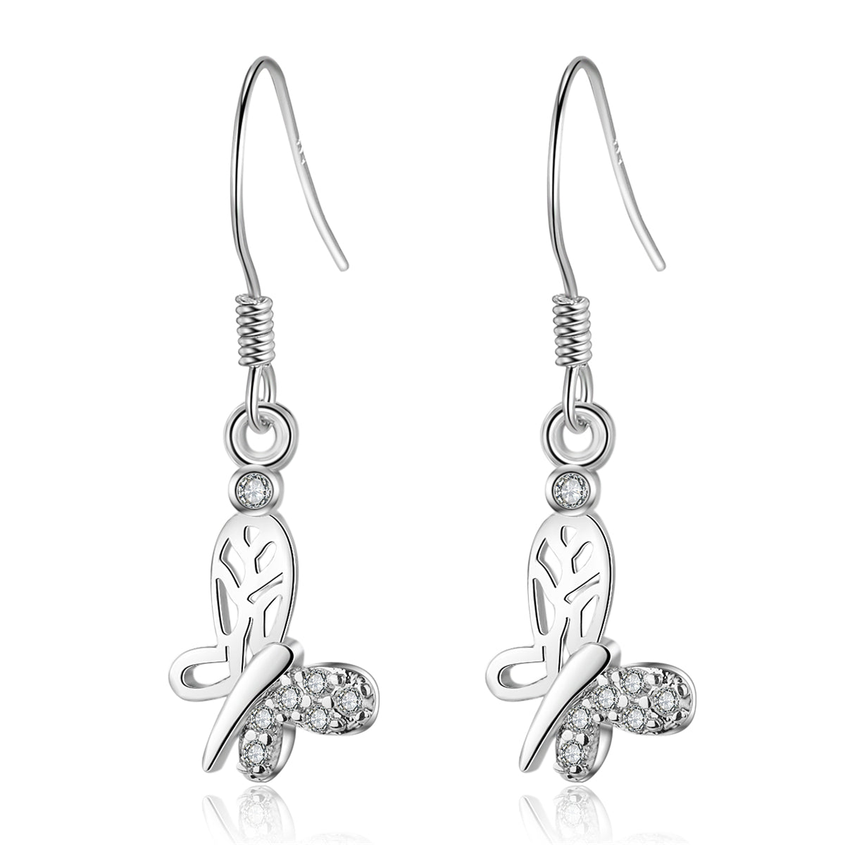 Cubic Zirconia & Silver-Plated Open Butterfly Dangle Earring