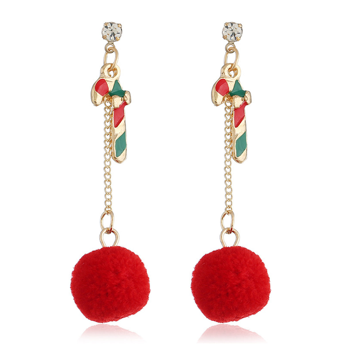 Cubic Zirconia & 18K Gold-Plated Candy Cane Pom-Pom Drop Earrings