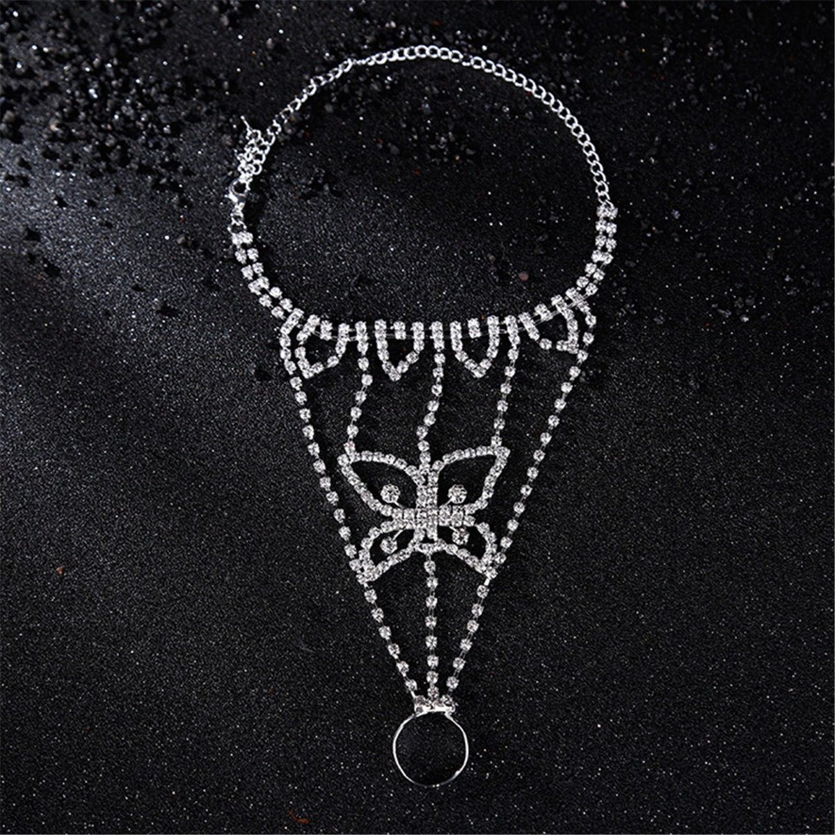 Cubic Zirconia and Silver-Plated Butterfly Anklet and Toe Ring Set, silver statement rings for women, front view