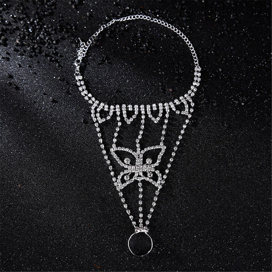 Cubic Zirconia and Silver-Plated Butterfly Anklet and Toe Ring Set, silver statement rings for women, front view