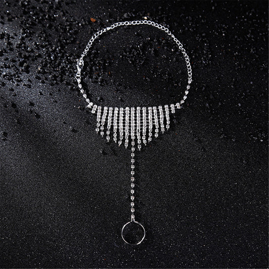 Cubic Zirconia Tassel Anklet and Toe Ring Set, statement rings for women, elegant gift for her, front view