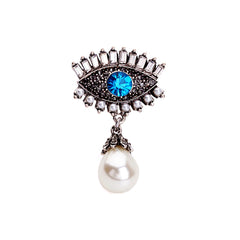 Blue Crystal & Pearl Silver-Plated Eye & Drop Brooch