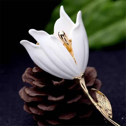 White Resin and 18K Gold-Plated Lily Brooch, gold brooch pin, elegant gift for her, front view