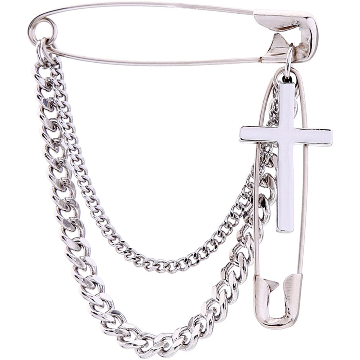 Silver-Plated Chain Link Cross Pin Brooch