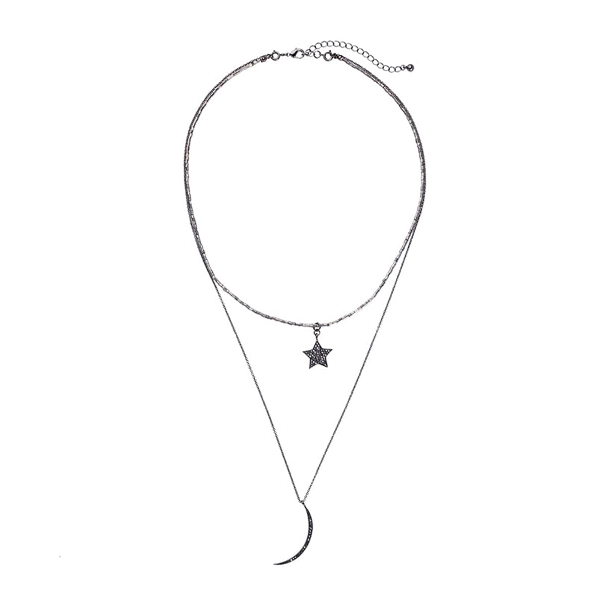 Black Cubic Zirconia & Gunmetal-Tone Moon & Star Layered Necklace