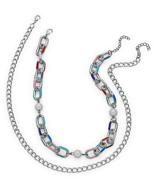 Pearl and Silver-Plated Curb Chain Necklace Set, jewelry gift sets for women, vintage-inspired design, front view