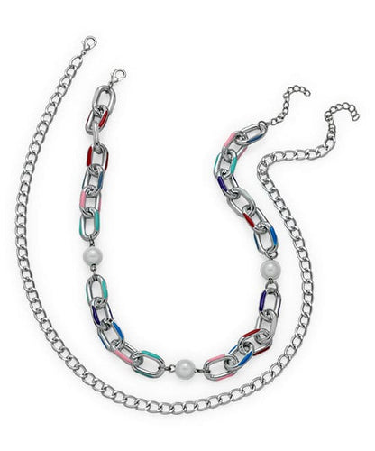 Pearl and Silver-Plated Curb Chain Necklace Set, jewelry gift sets for women, vintage-inspired design, front view