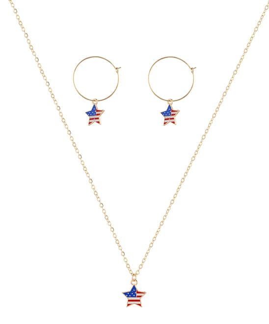 18K Gold-Plated American Flags Star Necklace & Earring Set